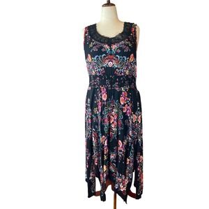 American Eagle Boho Maxi Dress Navy Burgundy Smocked Back Strappy XXL